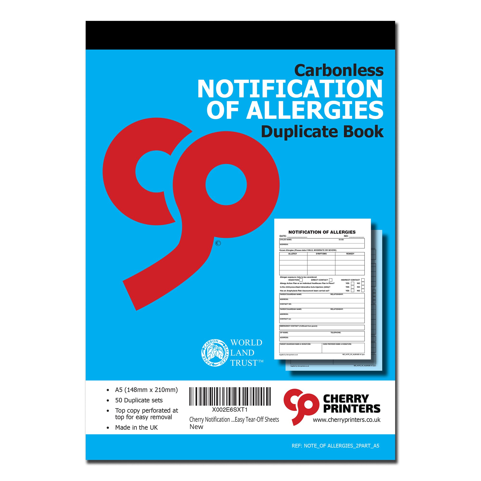 Cherry Printers Notification of Allergies Book A5 | Carbonless Duplicate Book with 50 Sets | Allergy Record for Schools | Childcare | GP & Emergency Contact Details | Made in UK | Easy Tear-Off Sheets