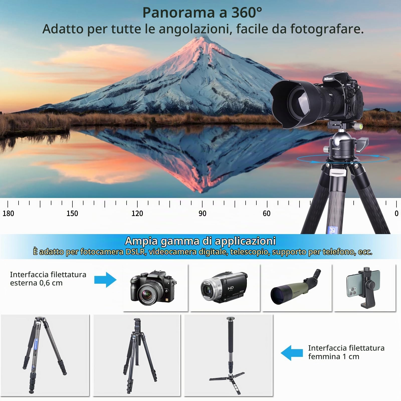 Testa a sfera a profilo basso ARTCISE, testa panoramica per treppiede in metallo da 56 mm compatibile con piastra a sgancio rapido Arca 1/4" per treppiede o monopiede, capacità di carico: 40 kg