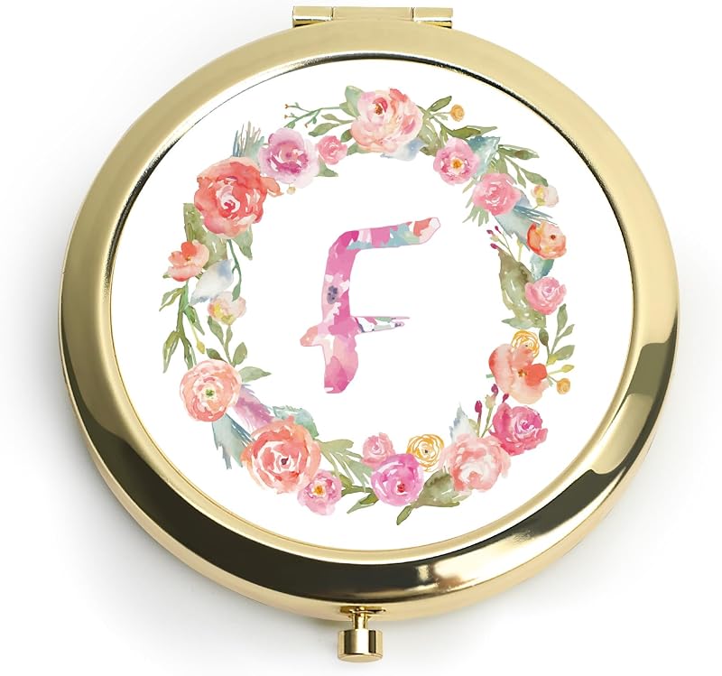 Espelho compacto personalizado QUSTGO com monograma floral, ampliação 1X e 2X, dourado, com caixa para presente