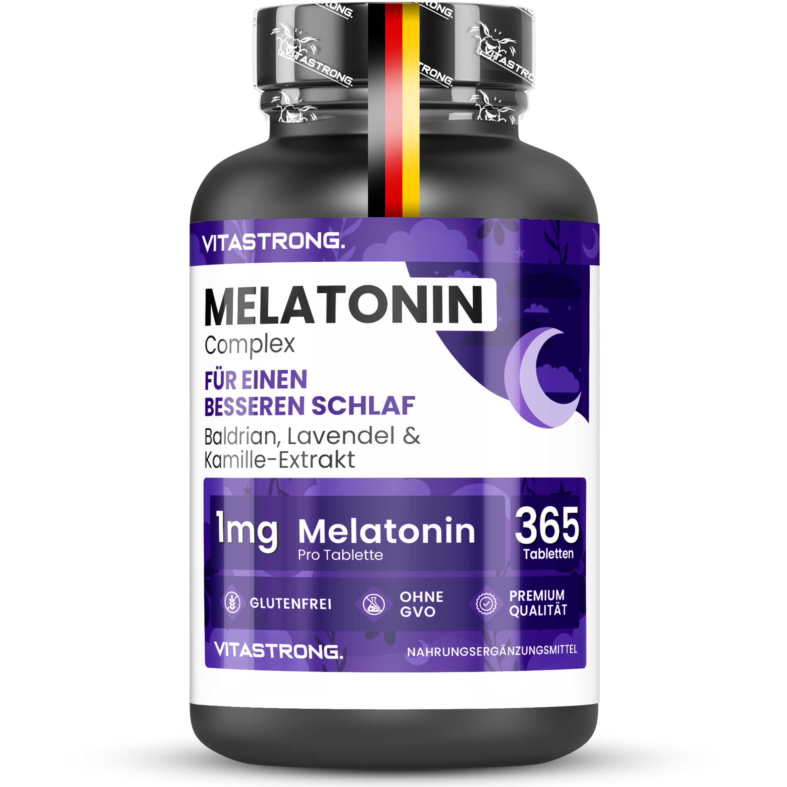 Vitastrong Melatonin Komplex, 365 Mikro-Tabletten, Hochdosiertes Melatonin mit Kamille, Baldrian, Lavendel & Vitamin B6 für besseren Schlaf & Jetlag, Zucker-, Gluten- & GVO-Frei