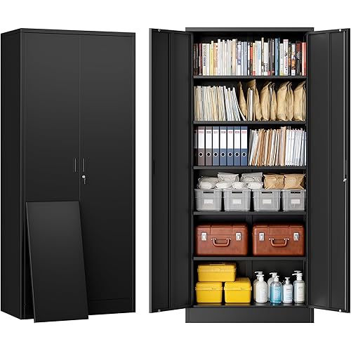 BESFUR 71" H Metal Storage Cabinet with 5 Adjustable Shelves and Lockable Doors, Locking Cabinet for Garage, Classroom and Office - Black