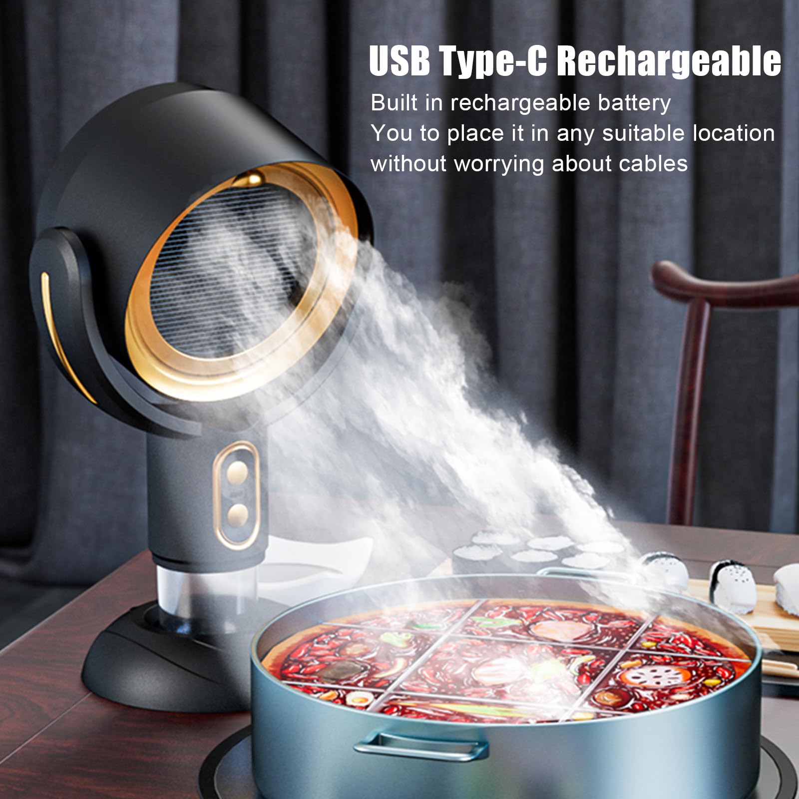 Tragbare Dunstabzugshaube USB-Aufladbar 2 Geschwindigkeitsstufen Tisch-Küchenabzug Indoor Outdoor Camping BBQ Schwarz Gold
