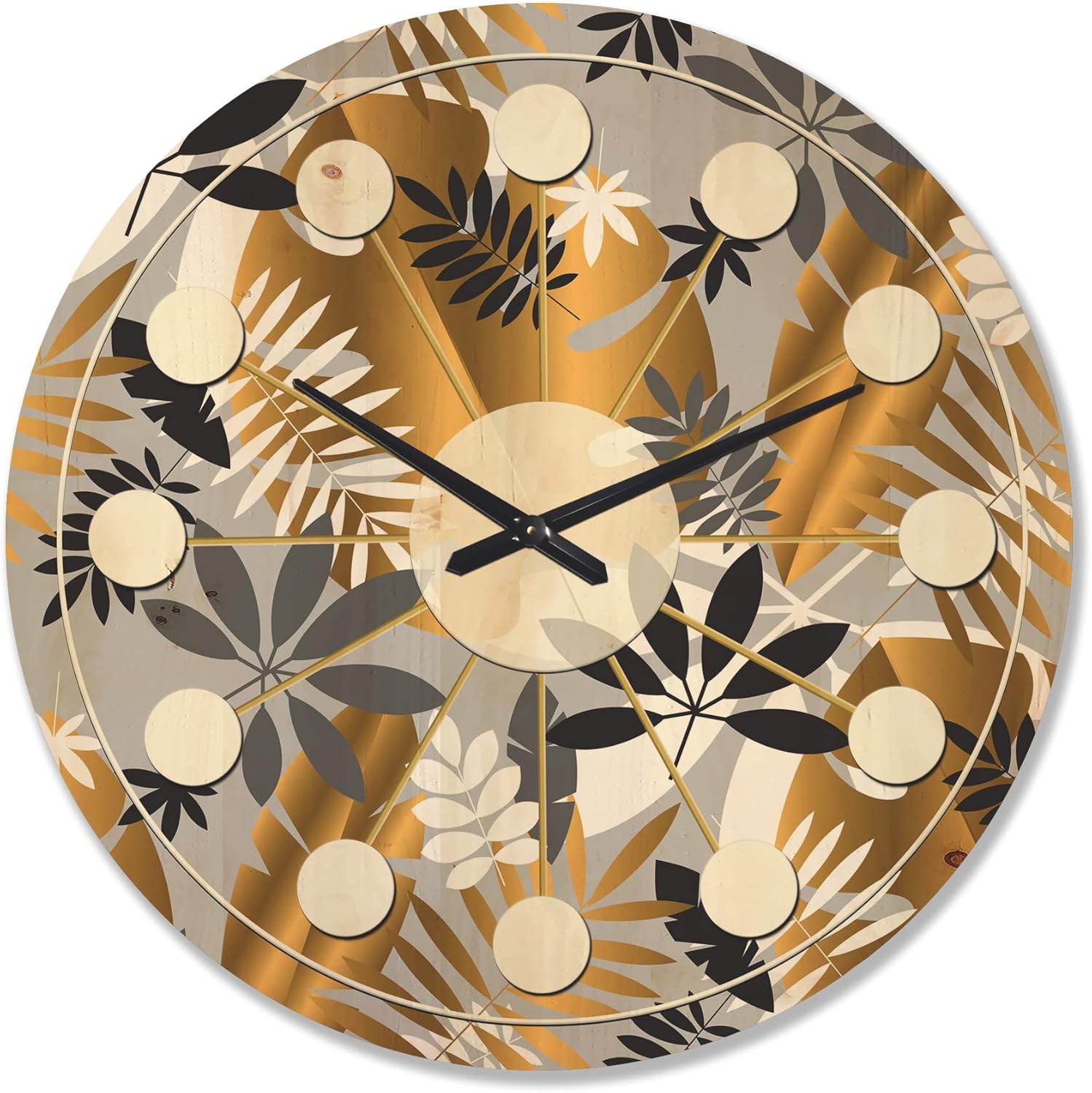 Retro Geometric Luxury Jungle Foliage Pattern – Mid-Century Modern Wood Clock, Large Oversized Decorative Wall Clock for Living Room, Office, Bedroom & Hallway Décor 36x36 Yellow