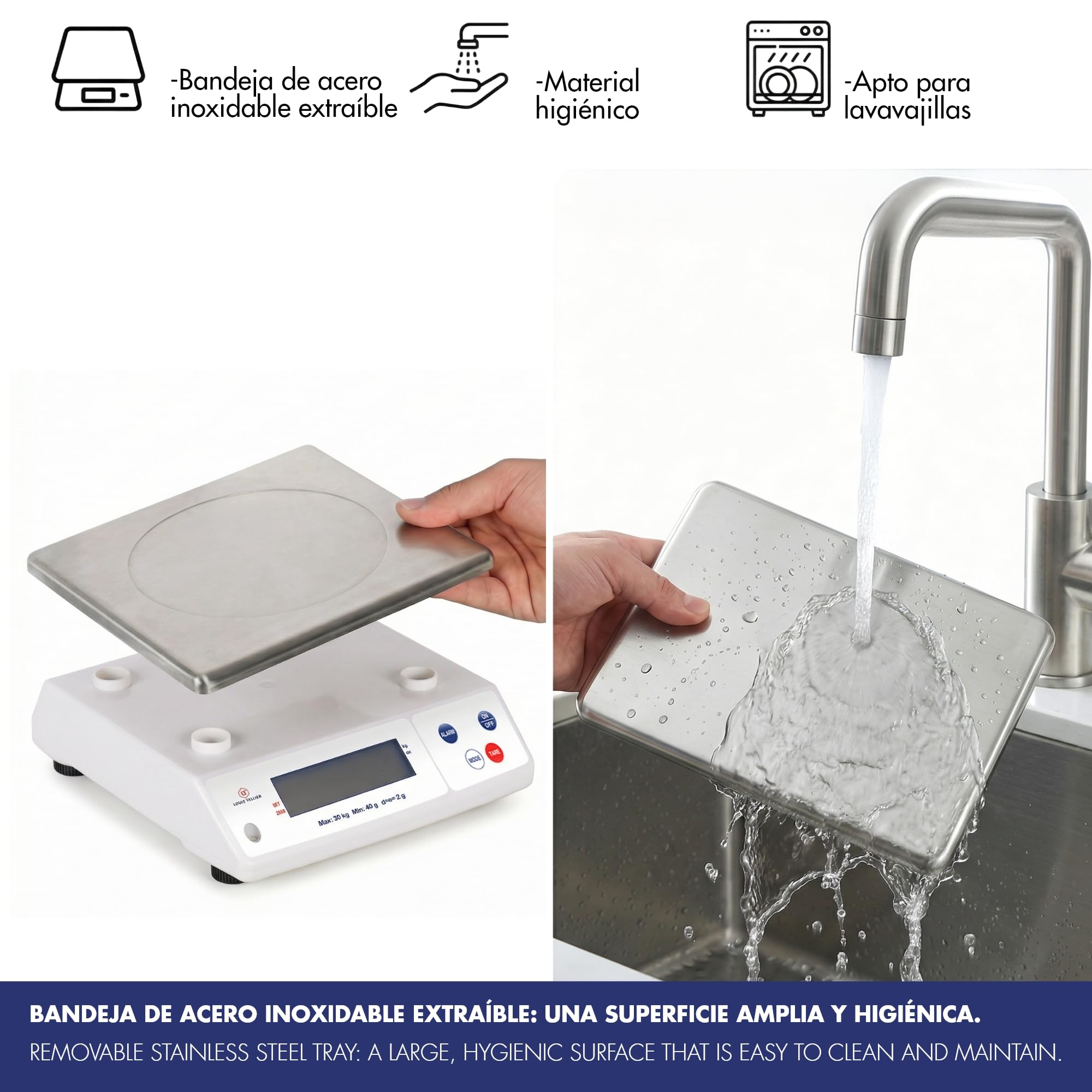 LOUIS TELLIER | Báscula electrónica profesional | 30 kg | IP53 | precisión 2 g | bandeja extraíble | cocina | panadería | 30 x 32 x 11,5 cm