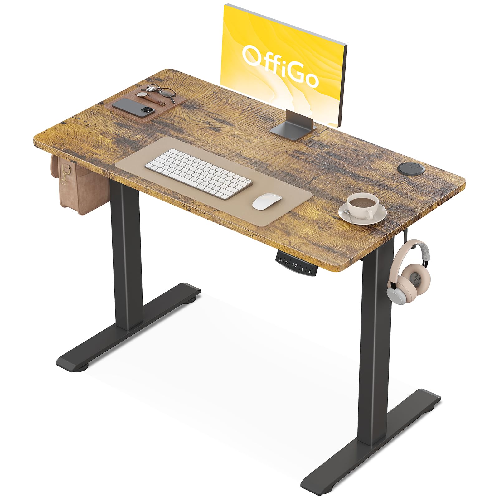 OffiGo Scrivania Regolabile in Altezza, 100 cm Scrivania Elettrica, Scrivania Ergonomica con Funzione di Memoria, Standing Desk, Modern Scrivania Computer per Casa e Ufficio, Marrone
