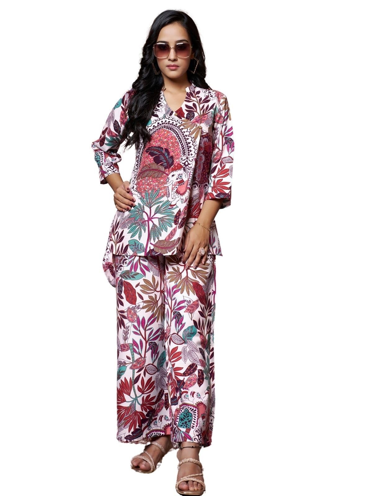 Greciilooks Womens Casual Rayon Regular Fit Co-Ord Set (Multicolor, Small), Floral