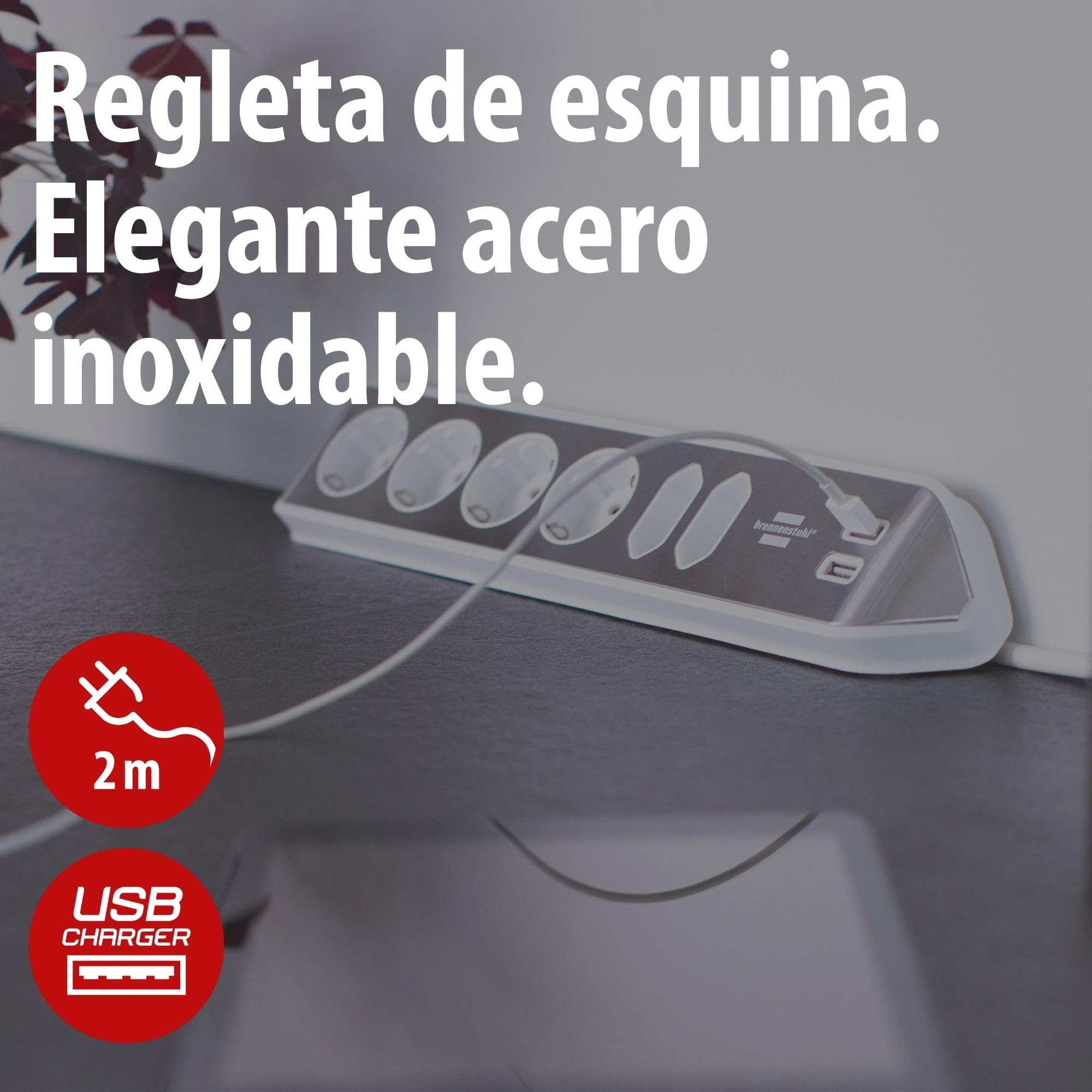 Brennenstuhl regleta de enchufes en Forma Esquina con 6 Tomas de Corriente y USB (4X Tomas de Corriente, 2X Euro, 2X Carga USB, Superficie de Acero Inoxidable) Plateado/Blanco