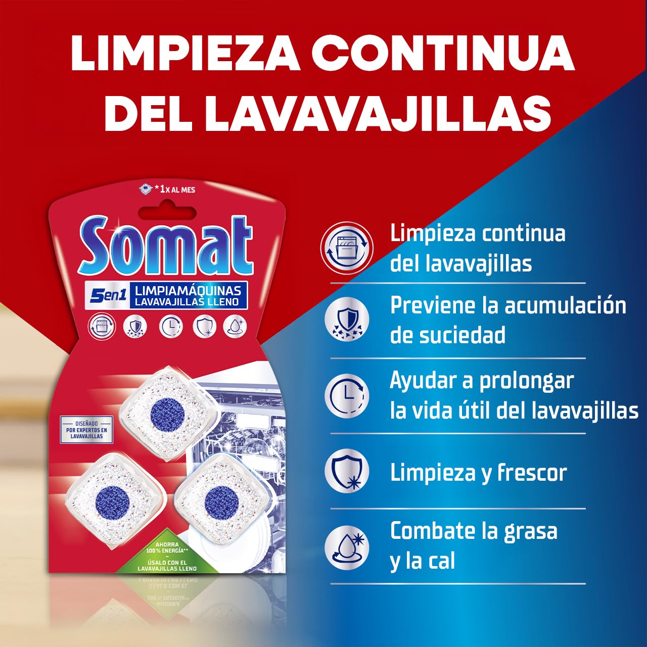 Somat Limpia Máquinas Lavavajillas Lleno, 3 Pastillas Limpiadoras (Pack de 6), Limpieza Profunda del Lavavajillas, Elimina Grasa, Cal y Residuos, Mantenimiento Eficaz y Fácil Uso Sin Ciclo Adicional