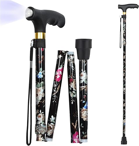 JUNRA Bastón con luz LED, bastón para mujeres y hombres, plegable y plegable, bastón de equilibrio para mujeres mayores (flores negras)