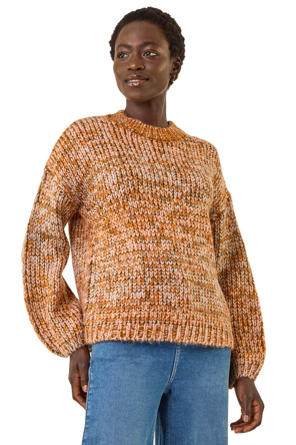 Roman Originals Women's Orange Metallic Ombre Knit Jumper For Uk - Everyday Autumn Winter Crew Neckline Comfy Soft Evening Vacation Work Party Night Out - Size 10