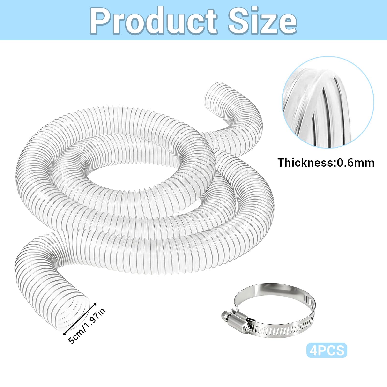 Staubsaugerschlauch 50mm - Absaugschlauch Saugschlauch PVC Schlauch Transparent Spiralschlauch Flexrohr 50mm Innendurchmesser - Universal Staubsauger Schlauch für Werkstatt Absaugung Teichpumpe 3m