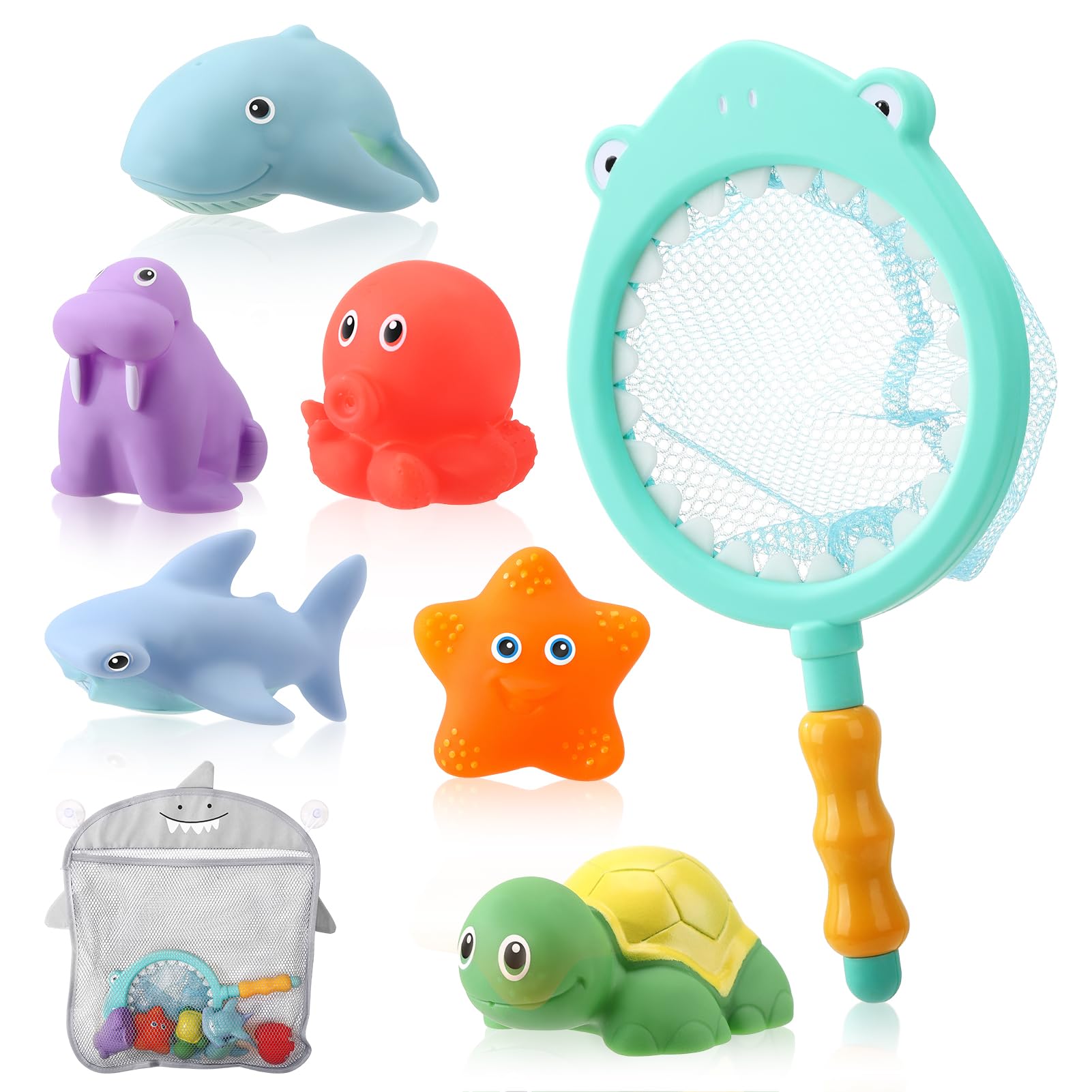 8 PCS Bath Toys for Kids 3+ Years,Color Changing Sea Animal Toys with Storage Mesh Bag,Shark Fishing Net Swimming Pool Toys for Boys Girls