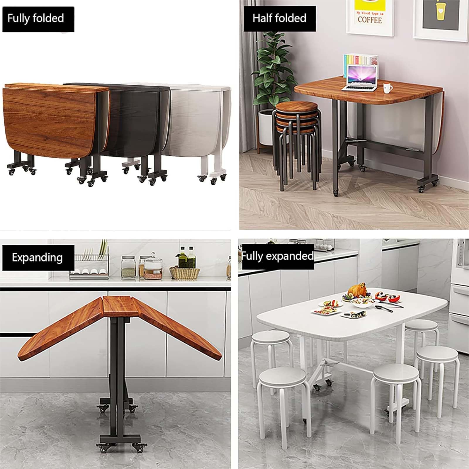 Tavolo da pranzo pieghevole in legno con ruote mobili, design a foglia allungabile, tavolo pieghevole mobile per salotto, caffè, ristorante, nero (120 x 70 cm)