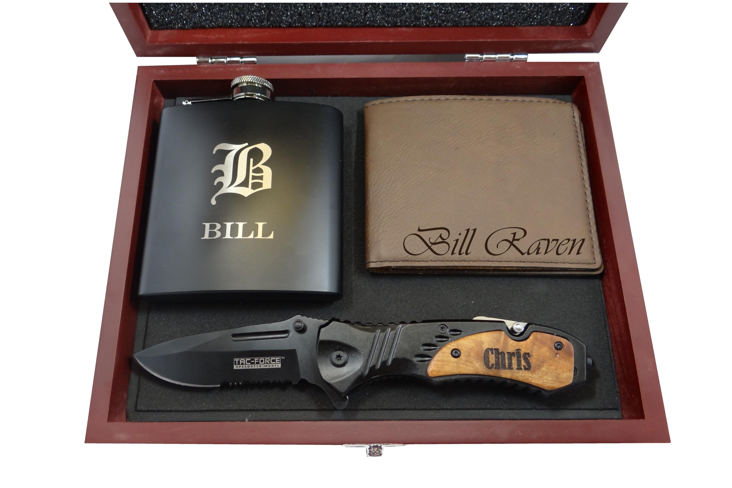 PWEngraving personalized pocket knife in wooden gift box — steel blade, wood accents
