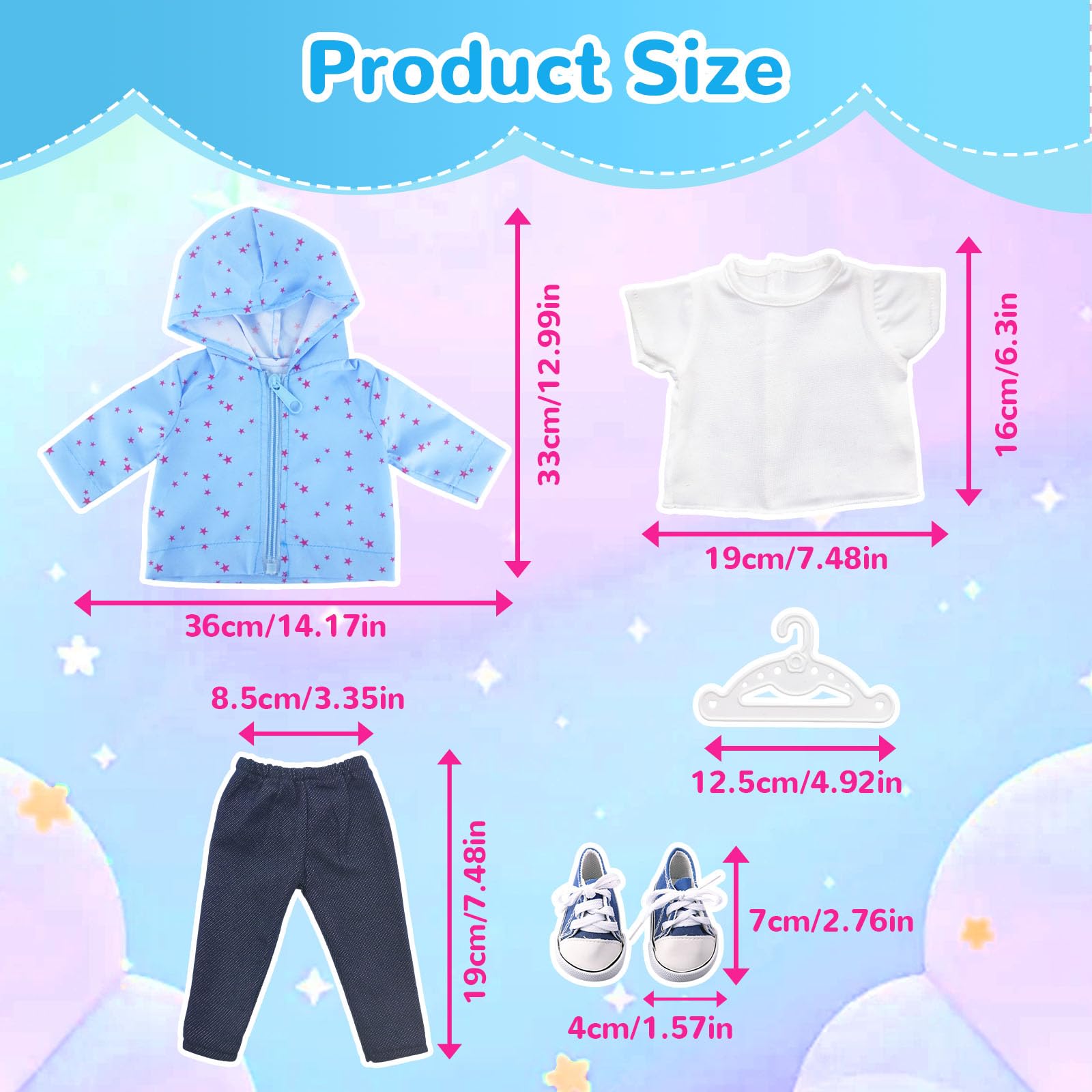 5 Pcs Doll Clothes Outfits for 14-18 Inch Baby Dolls, 35-45cm Blue Star Hoodie T-Shirt Pants Canvas Shoes Hanger - Image 3
