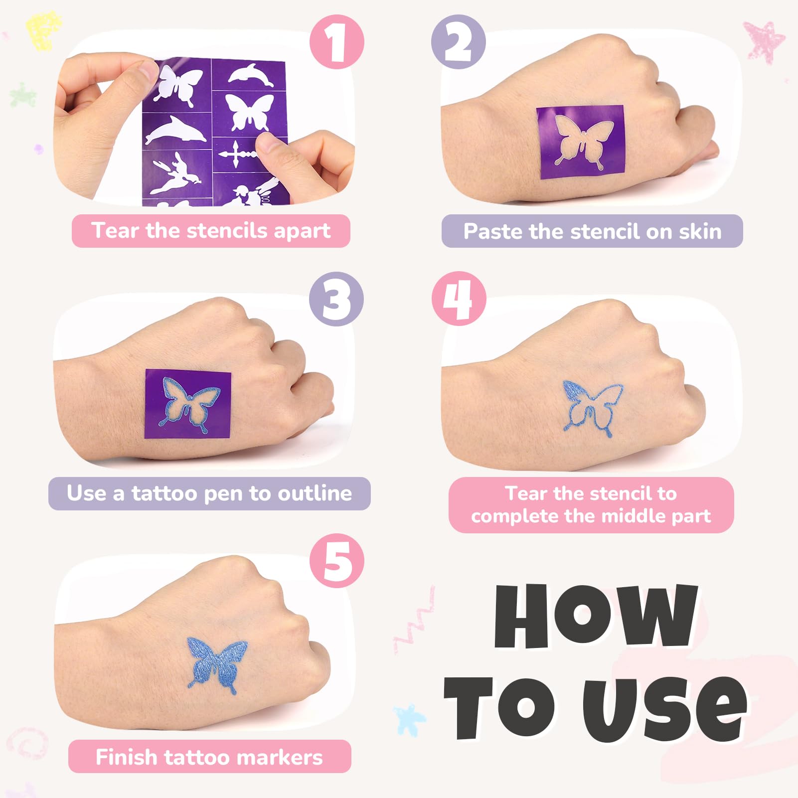 Tatuaggi Temporanei Penna Truccabimbi con 15 Tattoo Pen, 5 Fogli per Stencil per Tatuaggi e 2 Adesivi per Tatuaggi per Regalo Bambina Bambino 7 8 9 10 11 12 Anni Tatuaggi Per Bambini e Adulti