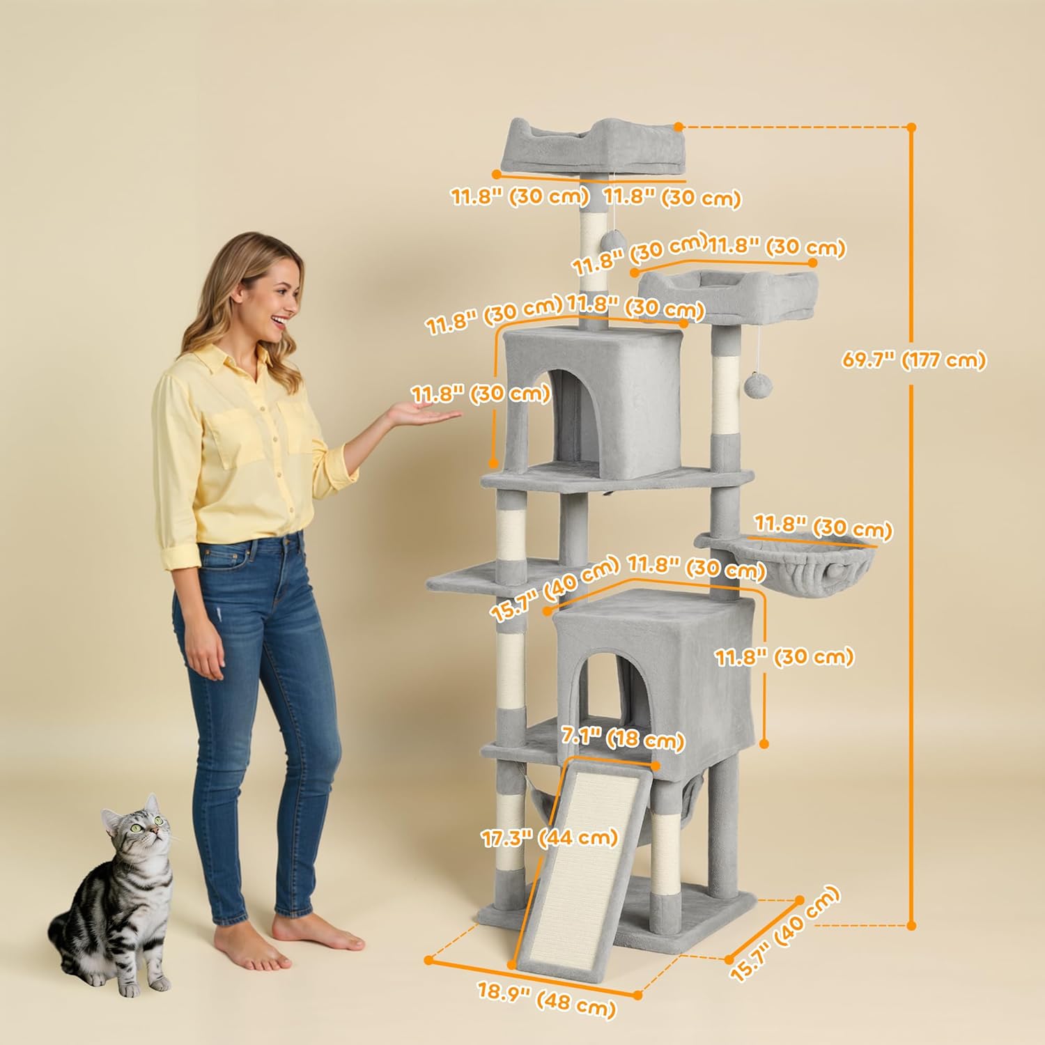 Diagram showing the dimensions of the PawHut 70-inch Multi-Level Cat Tree Tower