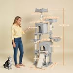 PawHut Large Cat Tree, 70" Multi-Level Cat Tower for Indoor with 2 Condos, 2 Plush Top Perches, Hammock, Platforms, Toy Balls, Sisal Scratching Posts and Board, Light Grey