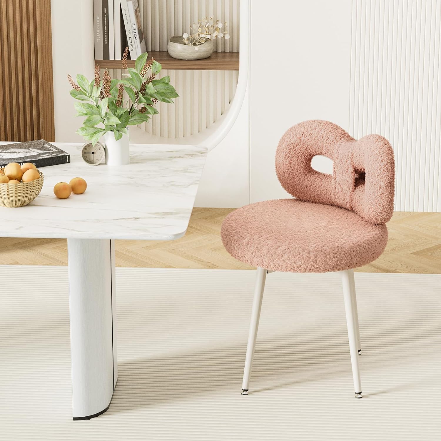 Vanity Chair with Back, Swivel Design,No Wheels,Small Upholstered Pink Makeup Chair for Girls with Cute Bow Backrest for Bedroom