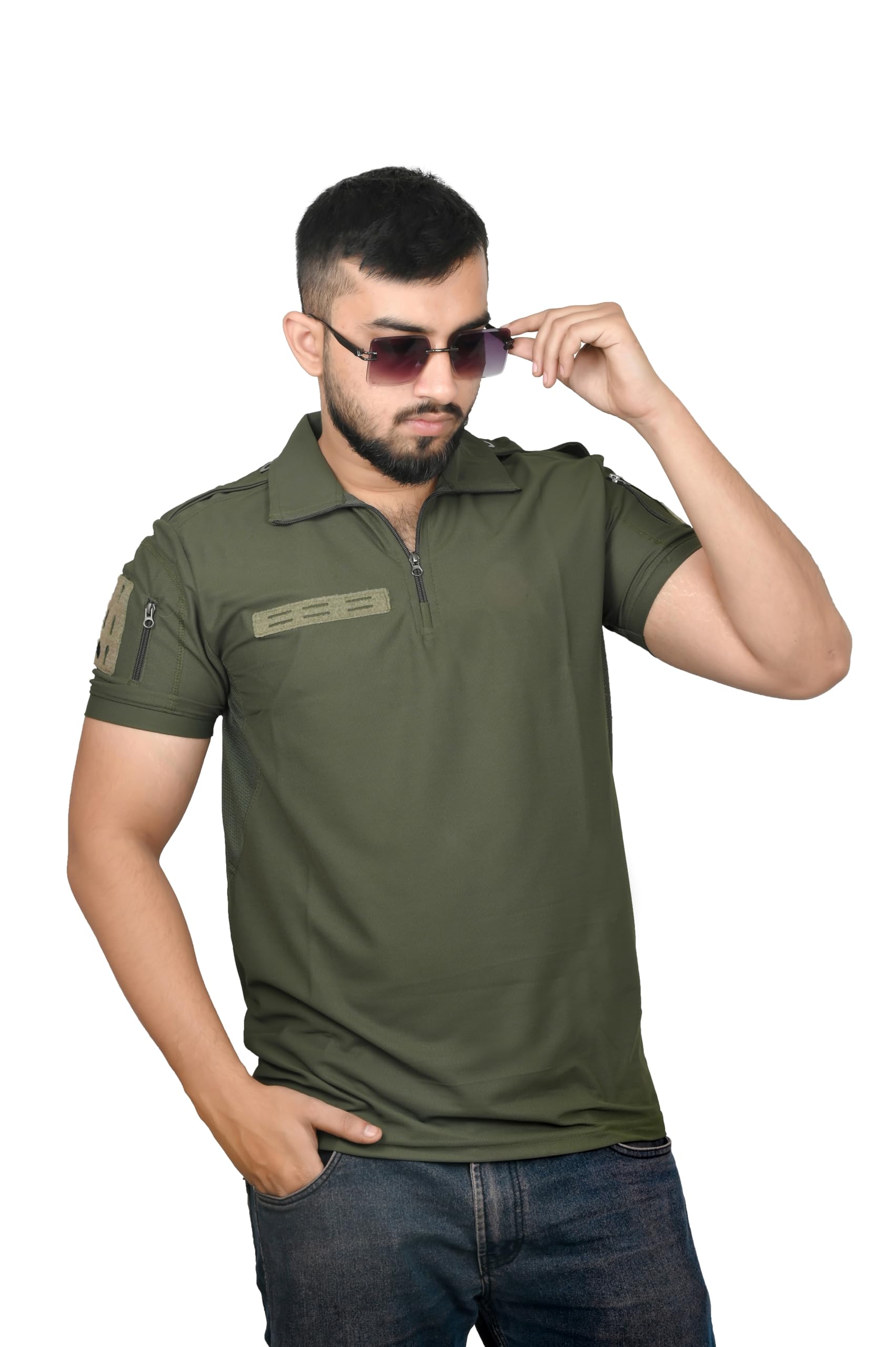 Men's Military Tactical Polo T-Shirt, Olive Green, Cotton Blend, Half Sleeve with Zip Pockets, Army Commando Style-picture-24