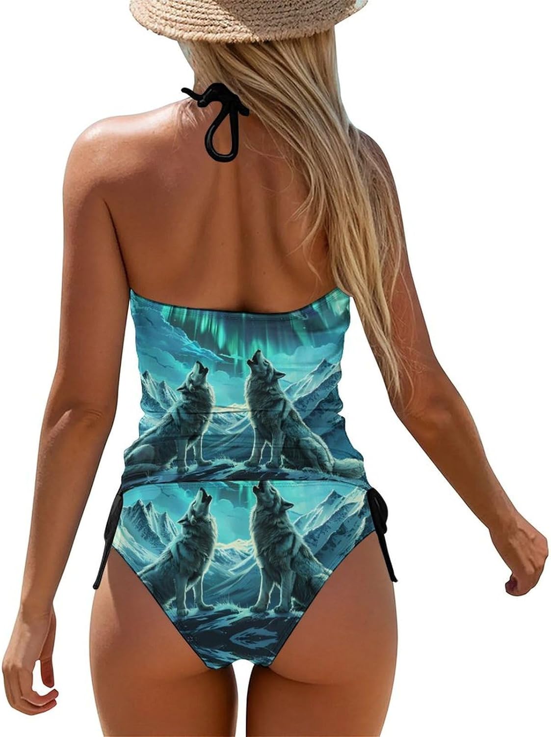 Wolves Howling Northern Lights Novelty Women's Swimwear Set 2 Pcs Tankini String Swimsuits Bathing Suits