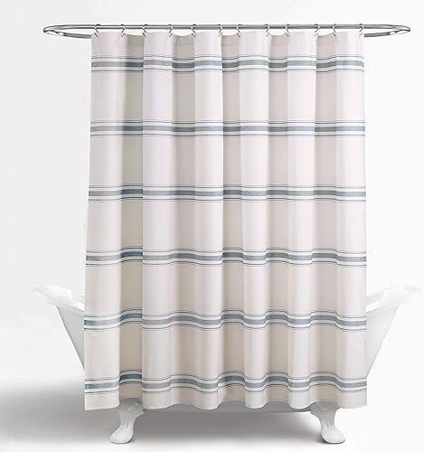 Miniatura 6 de Lush Decor Cortina de regadera estilo granja a rayas de algodón, 72" ancho x 72" largo, azul - Cortina de baño a rayas - Cortinas de regadera de