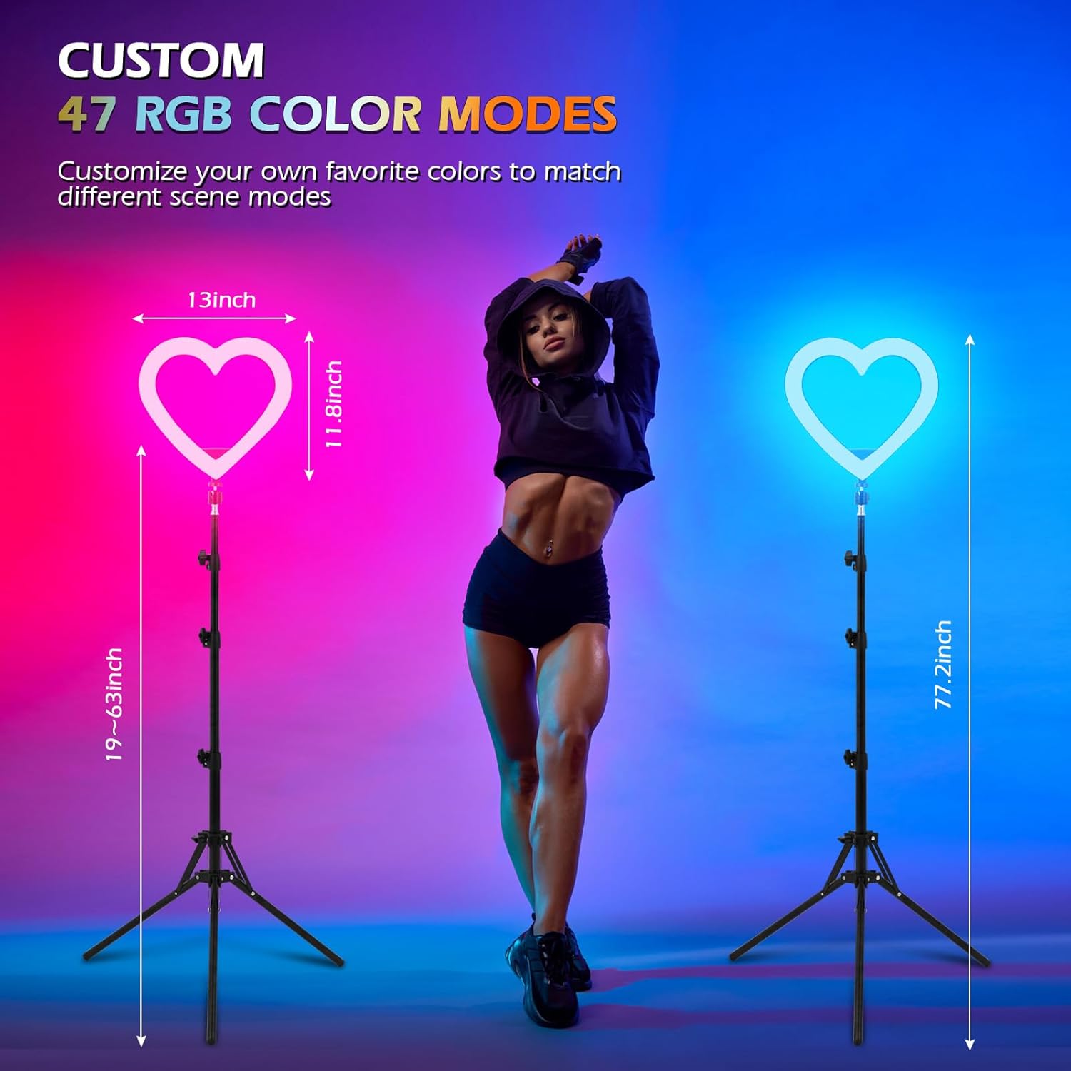13" Heart Ring Light with 74" Tripod Stand, 47 Color Modes, Phone Holder & iPad Holder for Live Streaming, Recording, Makeup, YouTube, TikTok