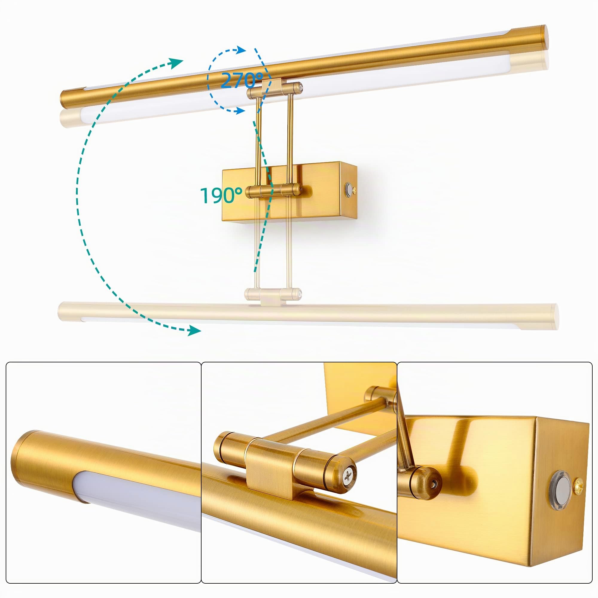 Aplique de Pared LED para Espejo de Baño 60cm 12W 3000K, Lámpara de Pared con Cabezal Giratorio,Luz para Tocador y Vanidad