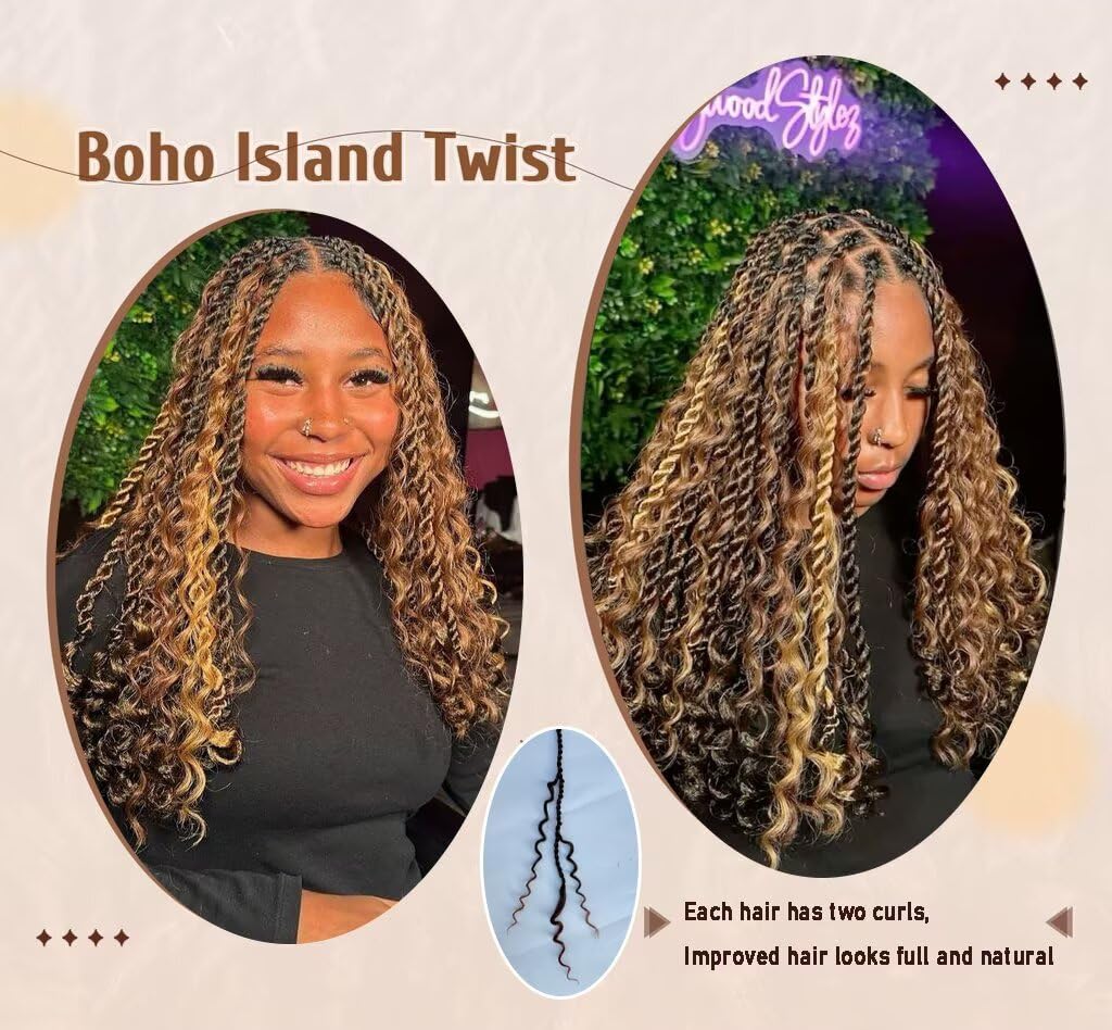 8 Packs 18 Inch Boho Island Twist Crochet Hair with Curls Pre-Looped Goddess Senegalese Twist Crochet Braids with Curly Ends Boho Style Senegalese Twist Braids for Women 27/613#