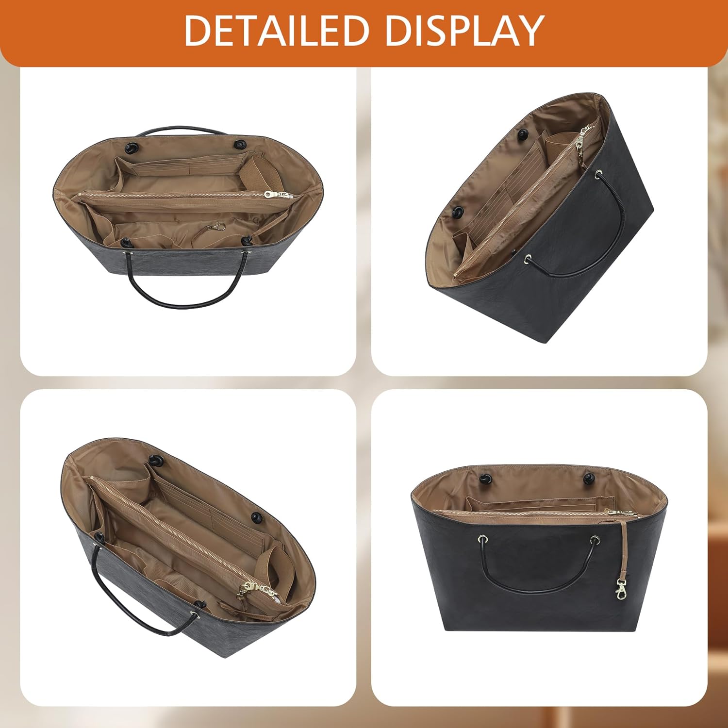 DupontPaper Purse Organizer Insert for Longchamp LePliage Large, Bag Shaper with Key Leash& 17 Compartments, Upgraded Elastic Cup Holder + Anti-Slip Middle Zipper Divider
