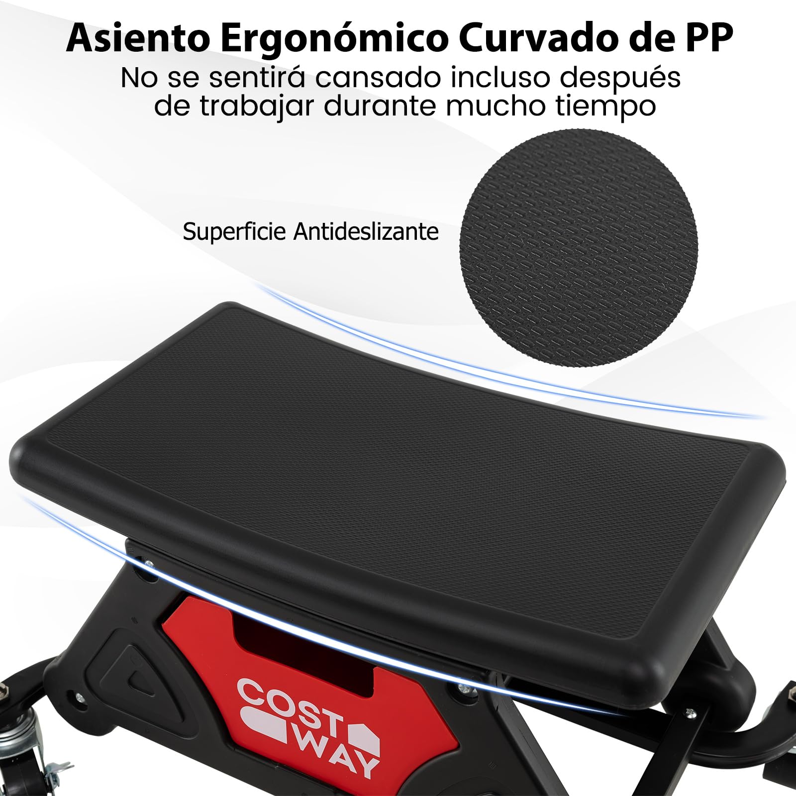 COSTWAY Taburete de Taller con Ruedas, Taburete Mecánico con Ruedas, Cajón Deslizante y 2 Bandejas Compartimentadas, Asiento Automotriz para Reparación de Autos, Capacidad de 135KG