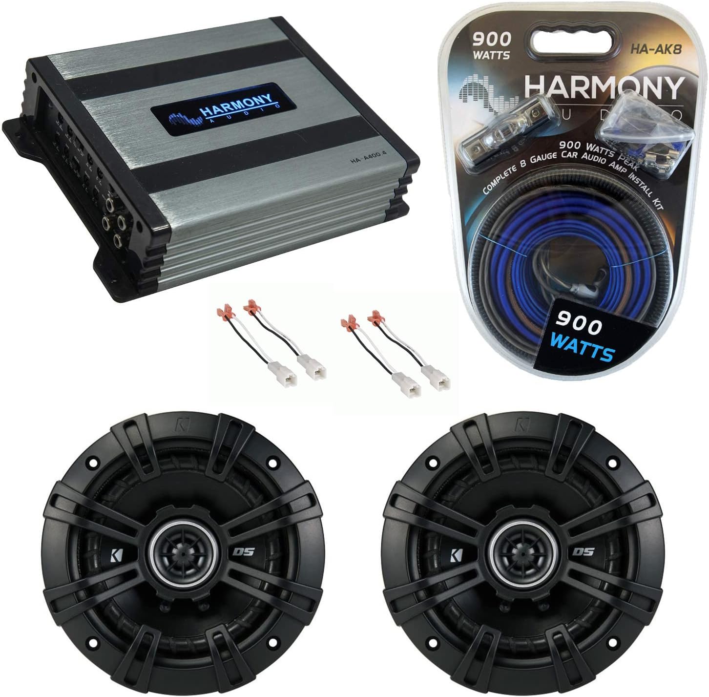 HA-A400.4 Compatible with Mazda Protege 1990-1994 Alloy 4 Channel 800W Speaker Sub Amp, 43DSC504 5.25" DS Series 35W RMS 4 Ohm Coaxial Audio Speakers and HA-AK8 Complete 8 Gauge 900W Amp Install Kit