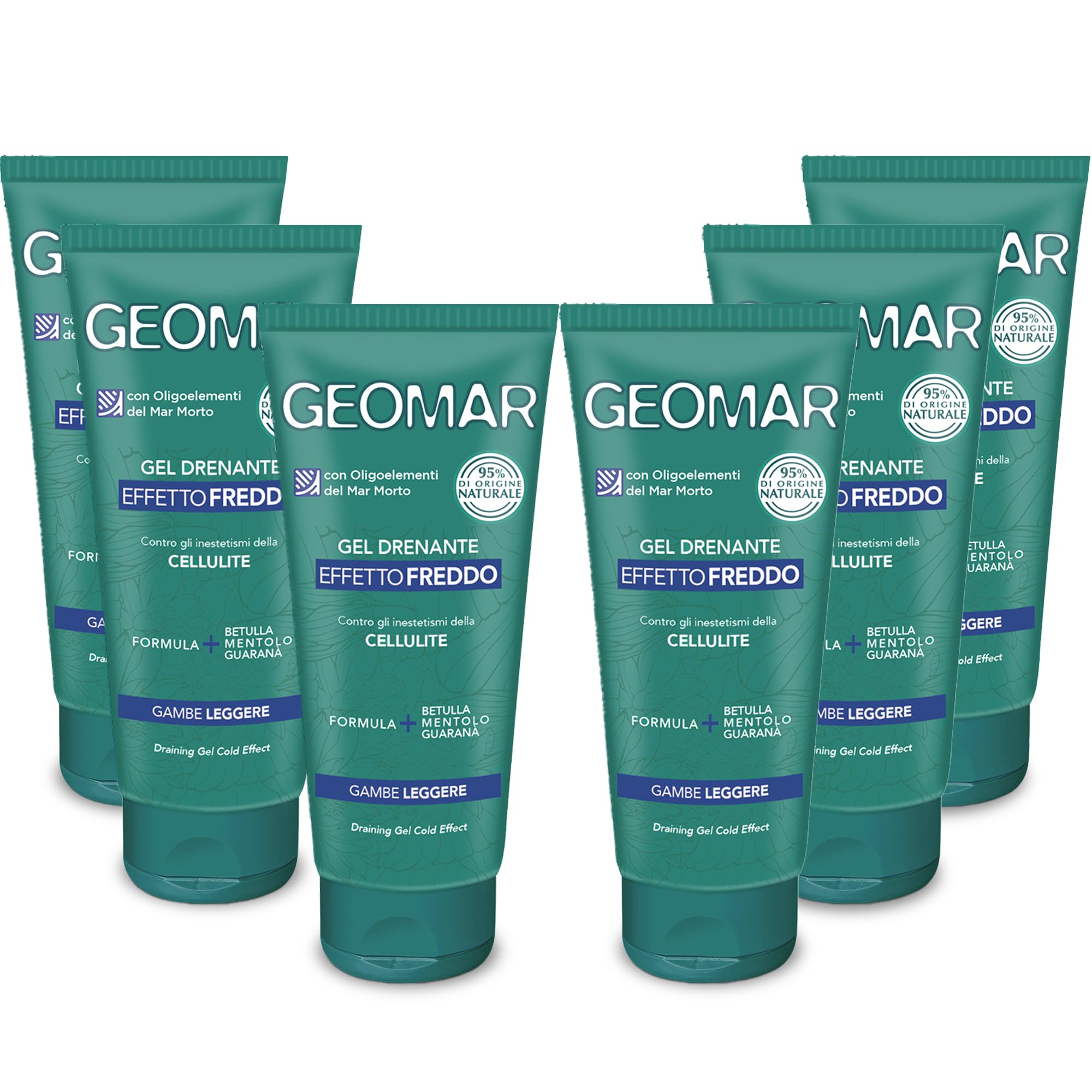 GEOMAR | Gel Drenante Effetto Freddo contro le Imperfezioni della Cellulite, fornisce Gambe Leggere, Ingredienti al 95% di Origine Naturale, Made in Italy, 6 x 200 ml