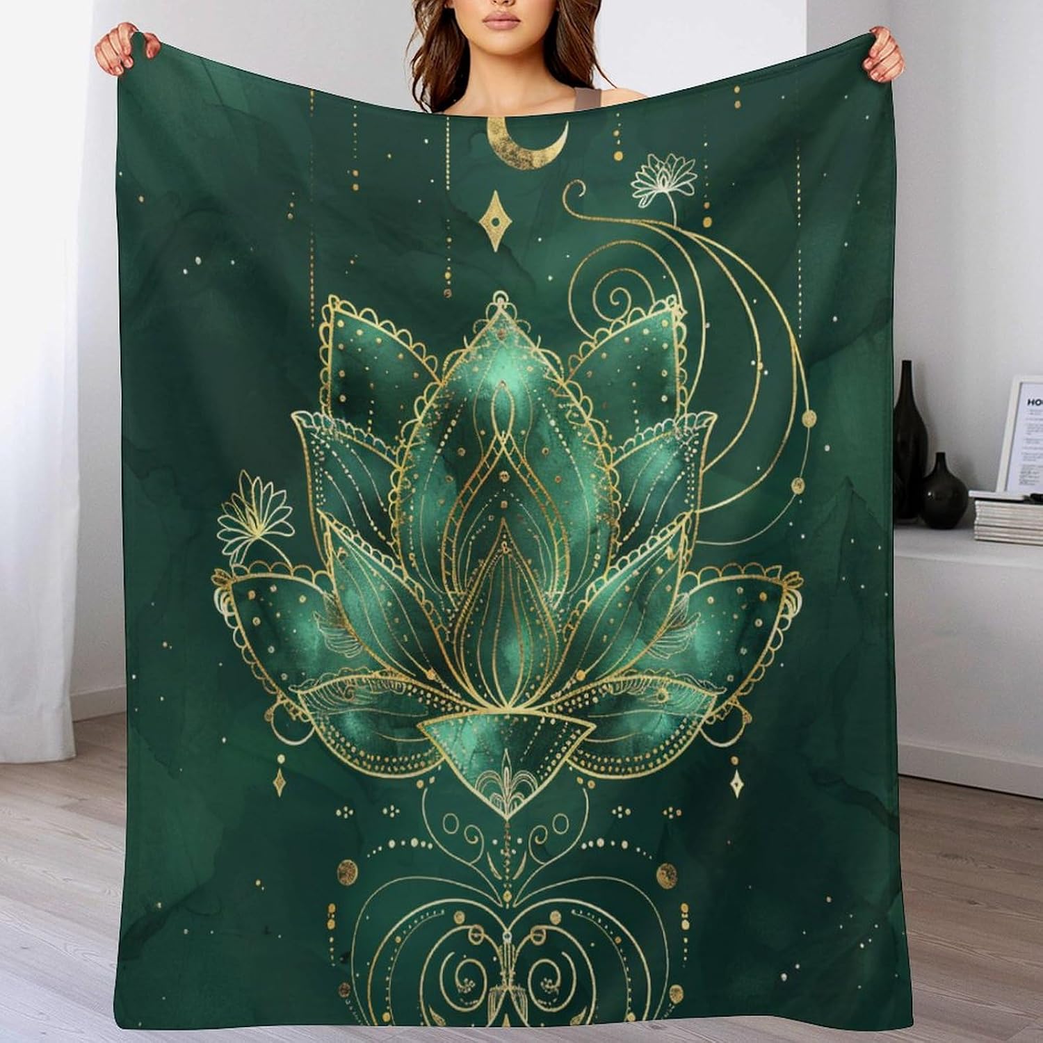 Abstract Botanical Throw Blanket, Soft Cozy Warm Moon Star Floral Plant Flannel Blankets for Sofa Couch Bed, 40x50 Inch