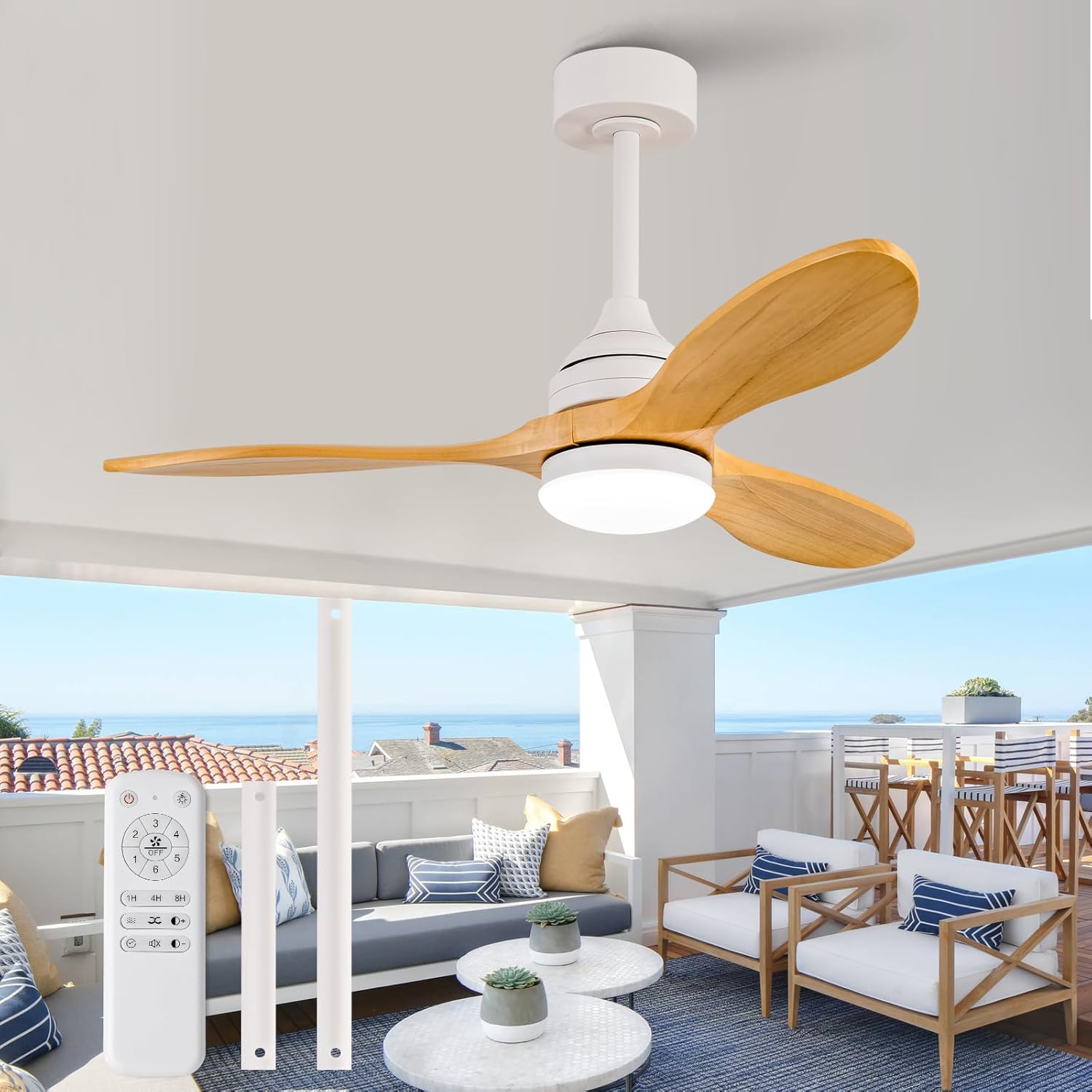 Dimmable 42 Inch Outdoor Ceiling Fan with Light and Remote, Wood Ceiling Fans with Lights and Remote White 3 Blade Outdoor Ceiling Fans for Patios Bedroom Living Room, 6 Speed DC Motor