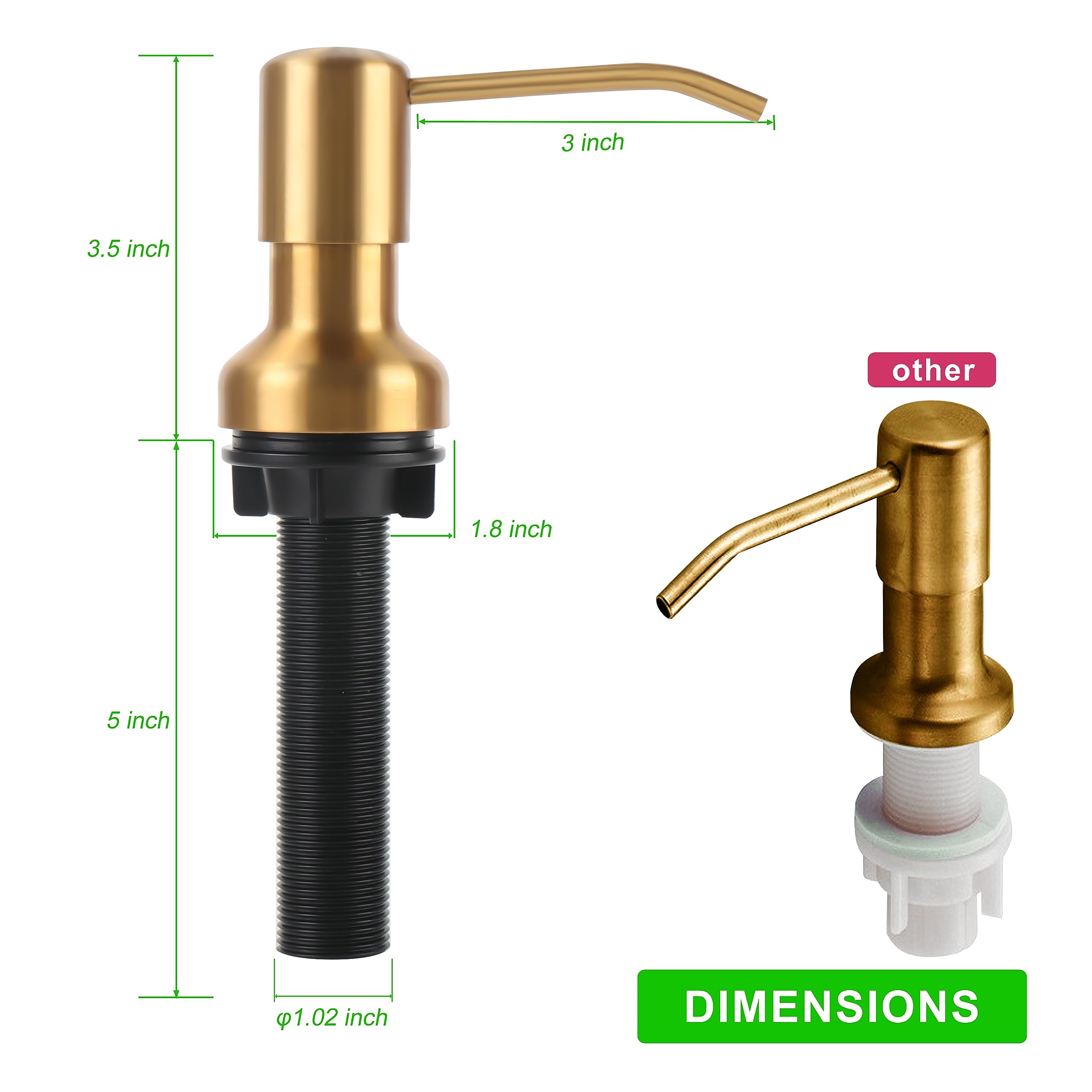 Dispensador de jabón para fregadero de cocina, dispensador de jabón de fregadero con eje roscado más largo, bomba de acero inoxidable con tubo de extensión de 47 pulgadas, se conecta directamente al