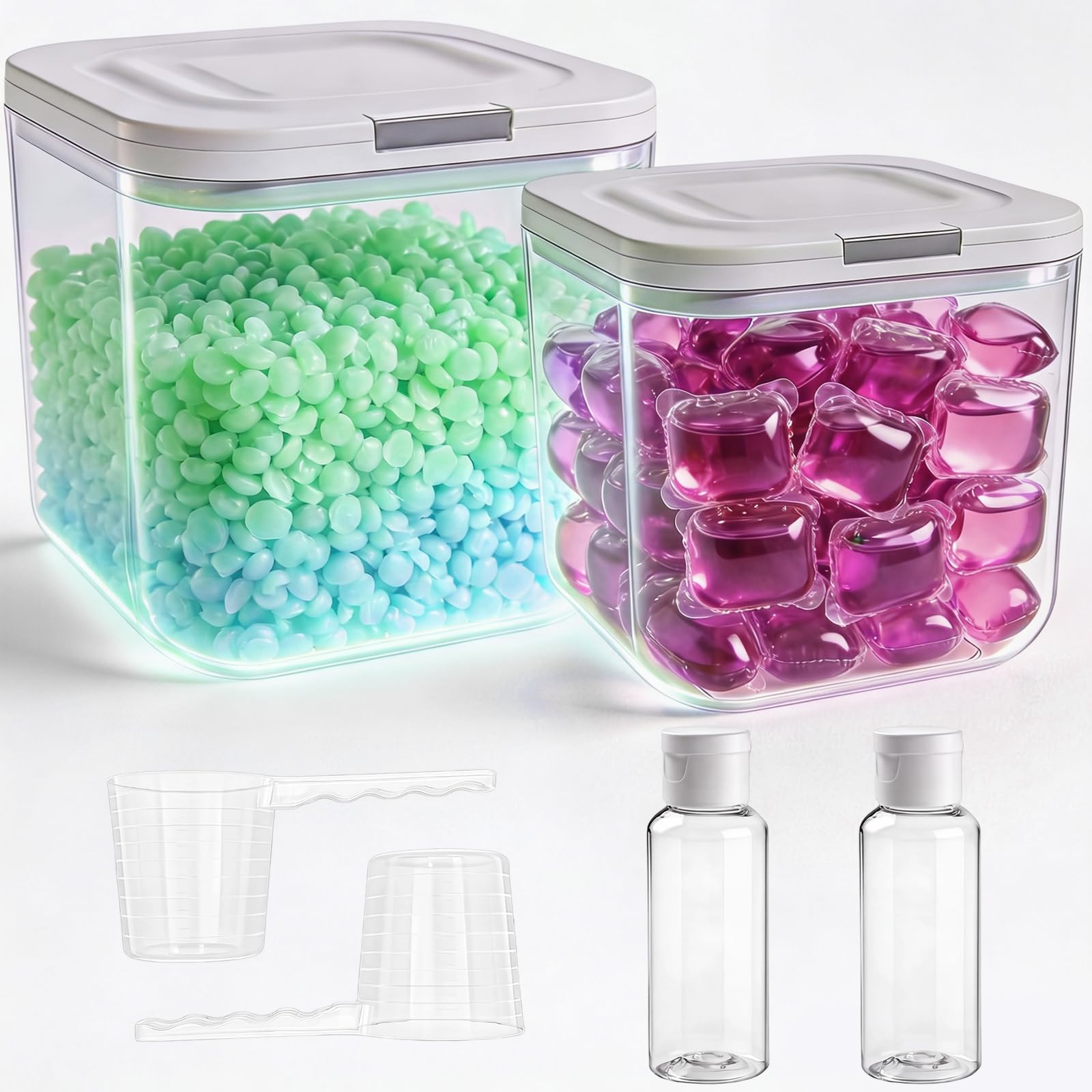 DONQL 2 Pcs Laundry Pods Storage Container with Push Up Lid, Washing Powder Storage with Labels, Scoops and Travel Bottles for Washing Pods, Powder, Scent Booster (5L + 2.5L)