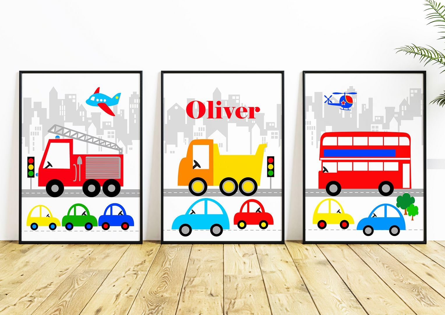 Rubybloom Designs Boys Set Of 3 Personalised Vehicle Cityscape Prints - A4 (21Cm X 29.7Cm) Unframed - Name Car Fire Engine Bus Picture Wall Art Gift Present Decor