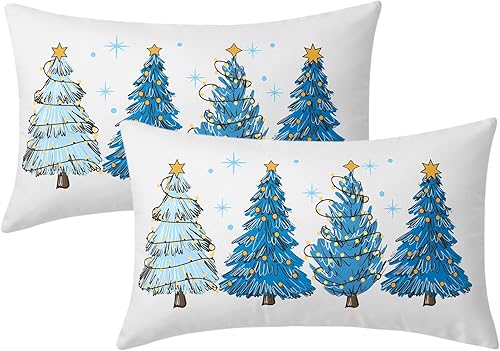 Juego de 2 fundas de almohada lumbares azules de 12 x 20 pulgadas con diseño de árbol de Navidad con estrellas y luces de árbol de Navidad, fundas Juego de 2 fundas de almohada lumbares azules de 12 x 20 pulgadas con diseño de árbol de Navidad con estrellas y luces de árbol de Navidad, fundas
