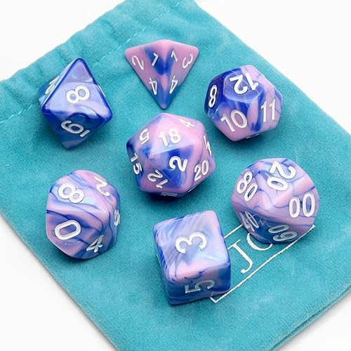 Miniatura 7 de PJOY DND - Juego de 7 dados poliédricos D&D rosa y azul con bolsa de dados de terciopelo para juegos de rol como Calabozos y Dragones