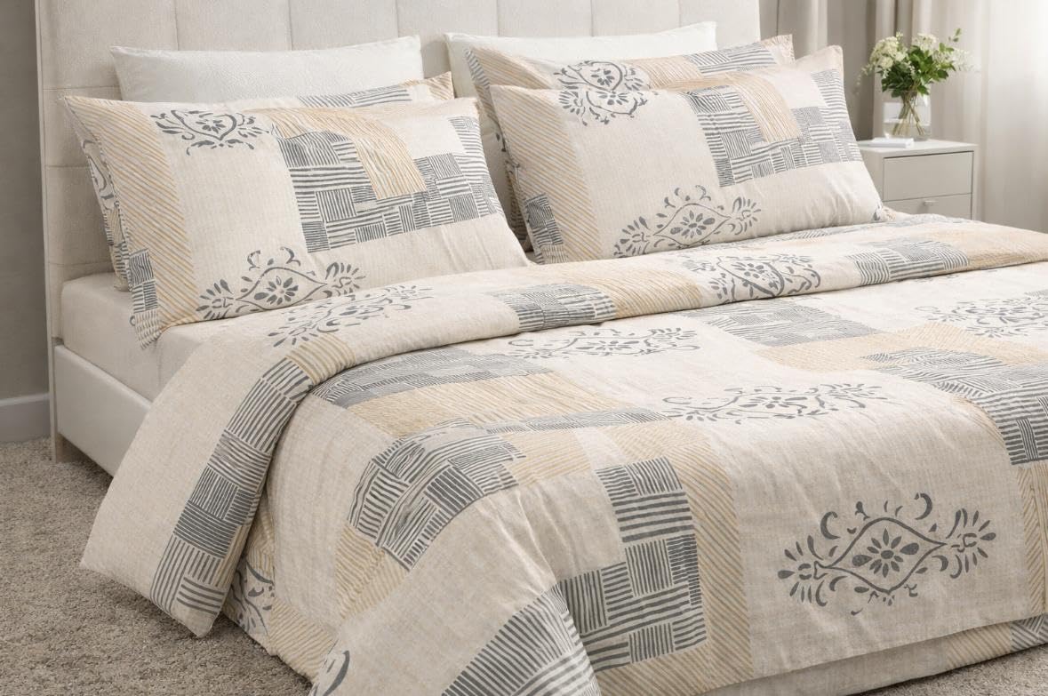 Bliss Homes Glace Cotton Duvet Cover Set, 90 x 90 Inches, Ivory Heritage Floral Patchwork with Pillow Covers-image-0