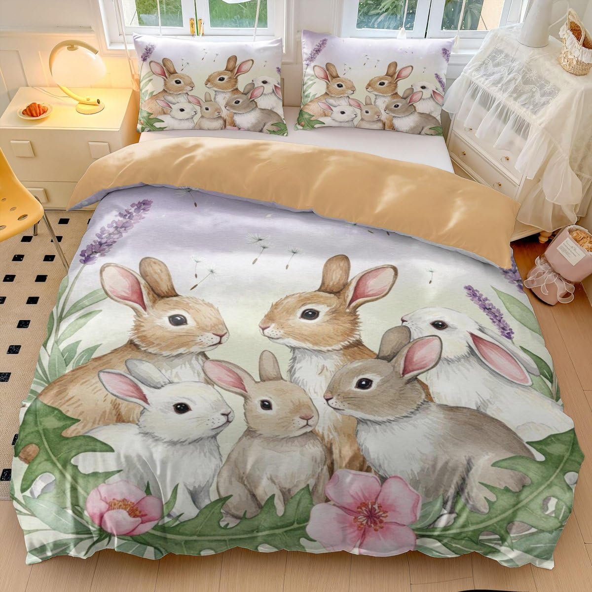 Set di biancheria da letto con copripiumino singolo a forma di coniglietto rosa, acquerello con fiocco, in morbida microfibra, per cameretta dei bambini, decorazione per la cameretta dei bambini (04