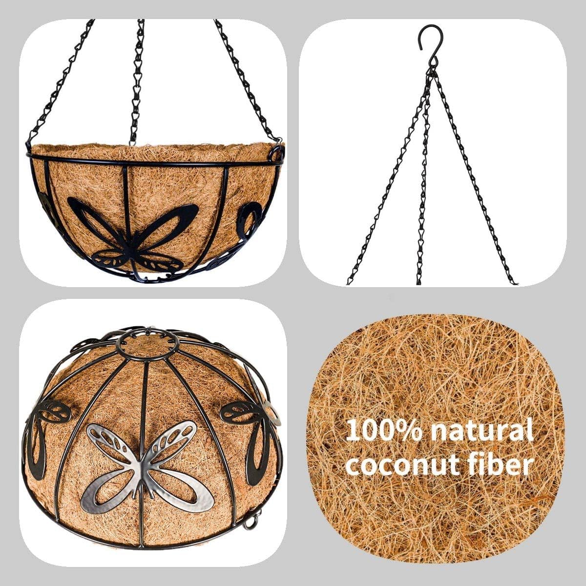 Hanging Planter with Coco Coir Basket Liner - Round Wire Plant Holder for Outdoor Lawn Patio Balcony Garden Deocr, Butterfly Pattern Outside 12 Inch Plants Pot, 2 Pack