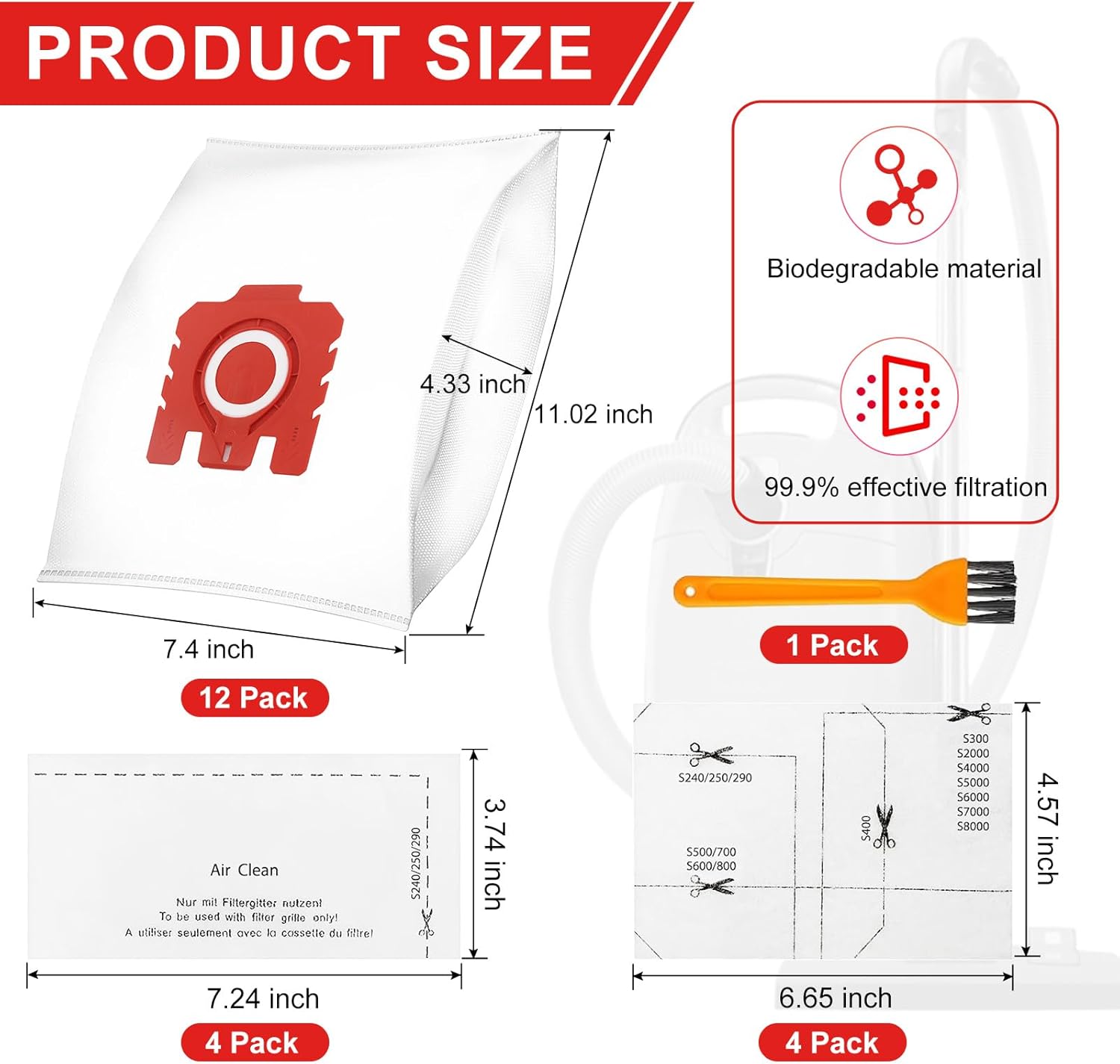 12 Pack Upgraded 3D Airclean Dust Bags Replacement for Miele FJM Vacuum Cleaner Bags for Miele Classic C1, Complete C1 C2 C3, S227, S240, S270, S280, S400, S2, S5, S8 Series Airclean Bags