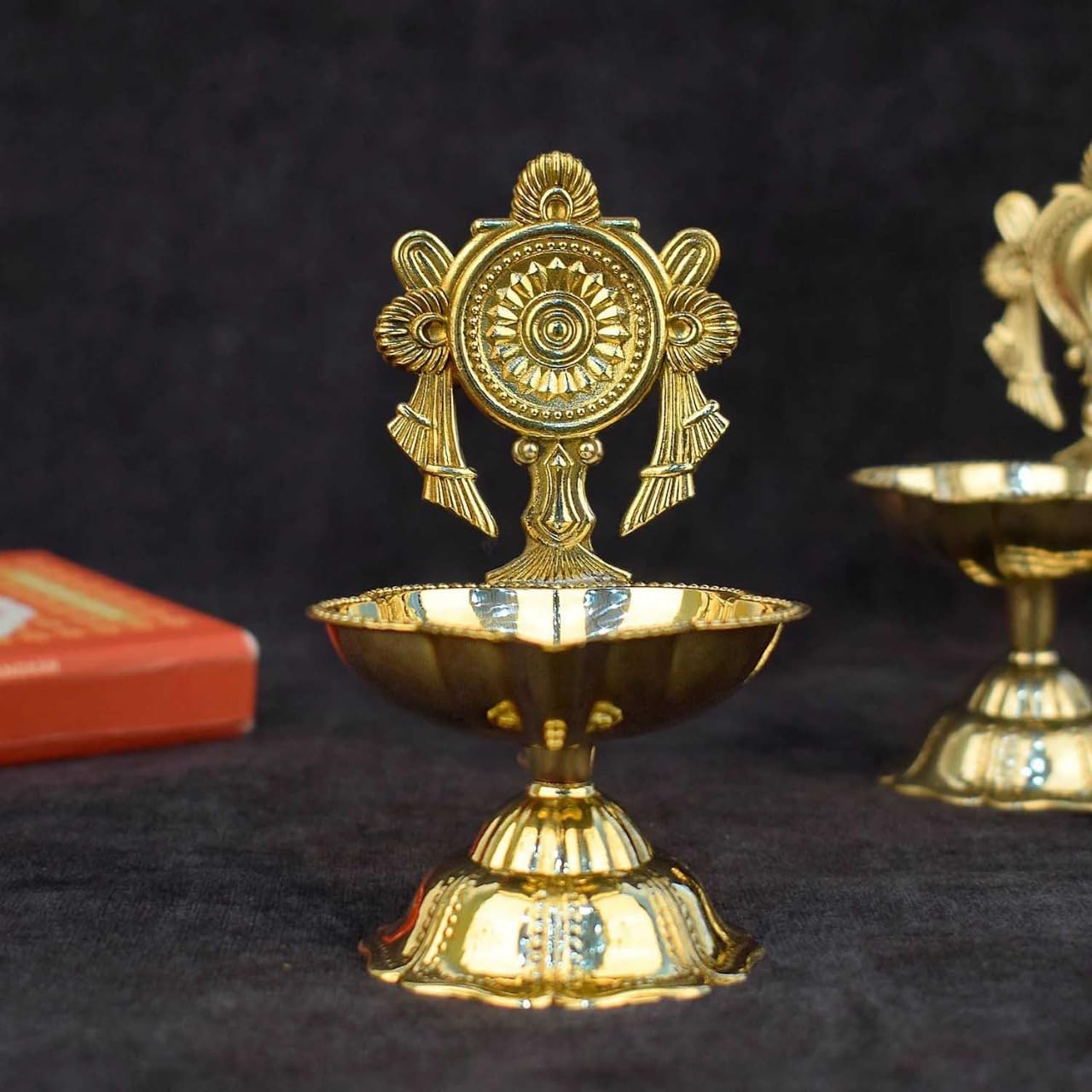 SATVIK 2 Pc Pair of Brass Designer Shankh Chakra Diya Traditional Indian Festive Diwali Puja Pooja Mandir Home Temple Oil Lamp Dia Indian Housewarming Return Gift Items