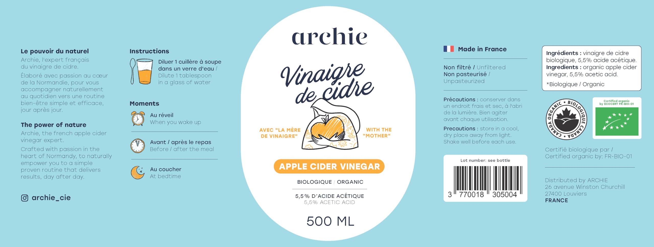 Archie vinagre de sidra de manzana orgánico 1 mes