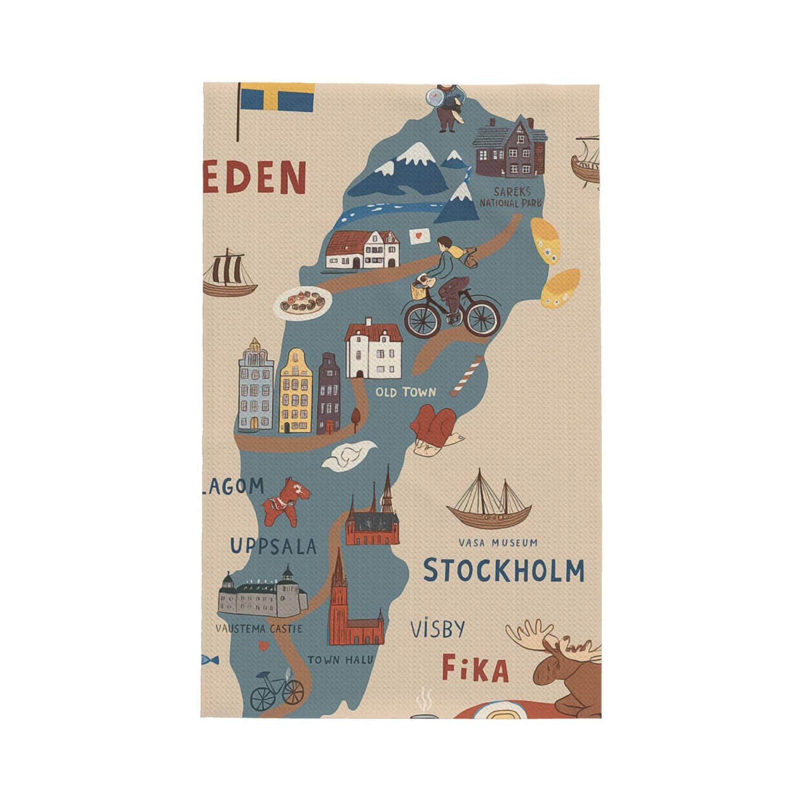 Xxahnbm Black Sweden Map With Various Illus Print Waffle Kitchen Towel,Absorbent Hand Towel