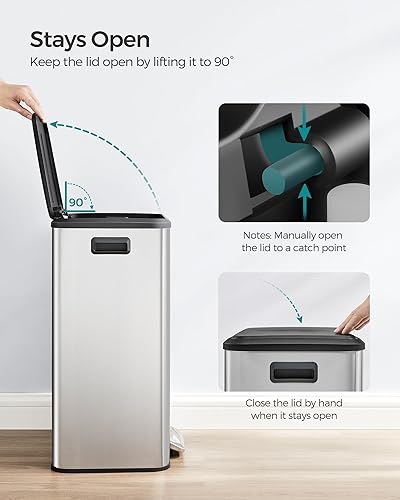 Miniatura 4 de SONGMICS Basurero de cocina, bote de basura de 10.5 galones (40 litros) con tapa y pedal ancho, cierre suave y se mantiene abierto, color plateado