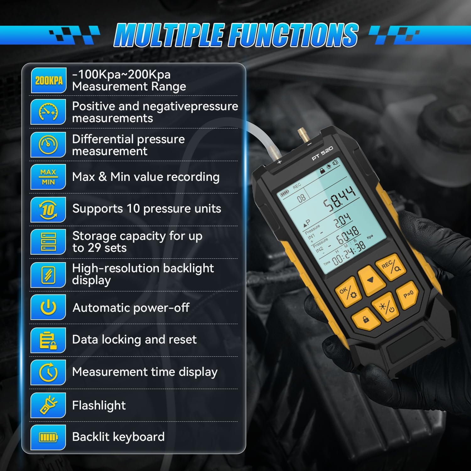 Manometer, Dual-Port HVAC Manometer with 7 Adapters, 10 Units Switch, Data Locking & Storage, Backlit Display Screen Gas Pressure Tester, -100 to 200Kpa, PT520