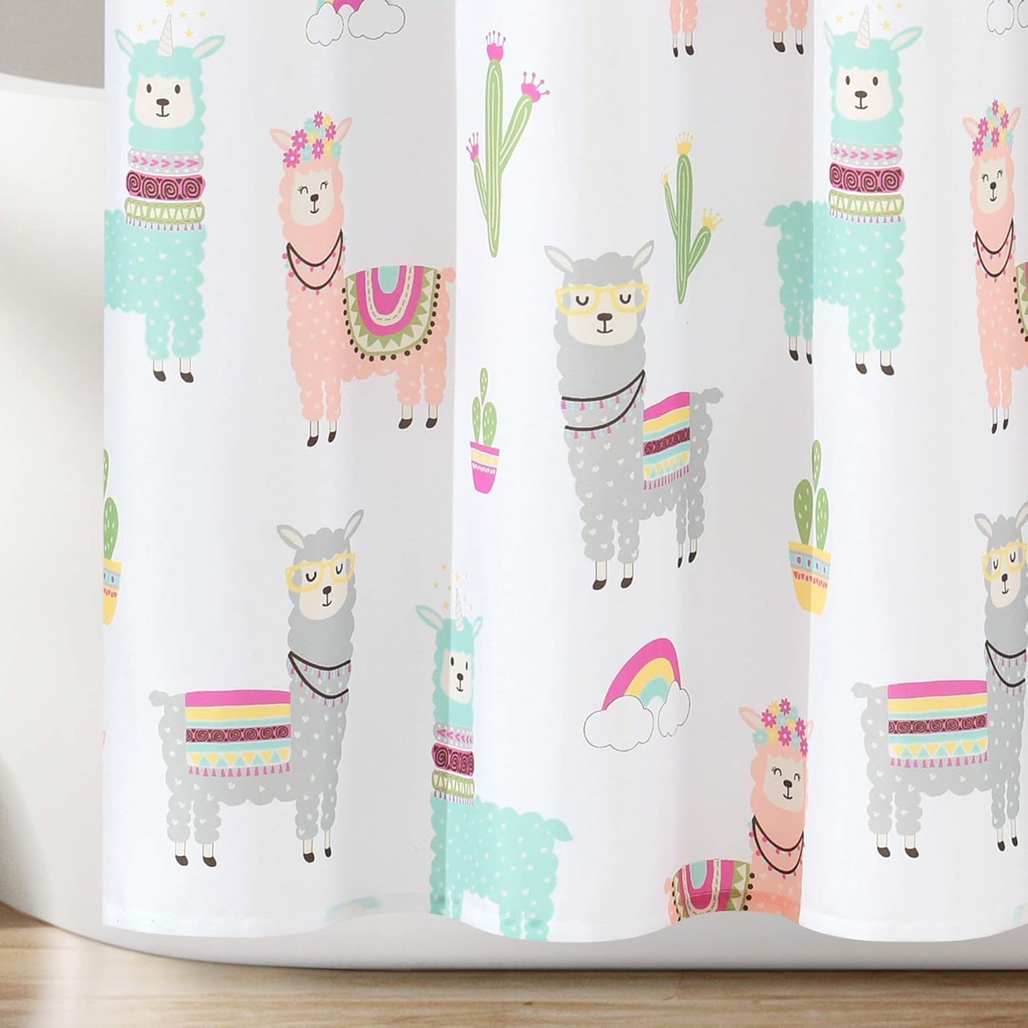 Lush Decor Southwest Llama Cactus Shower Curtain, White & Blush - Cute Colorful Boho Kids Bathroom